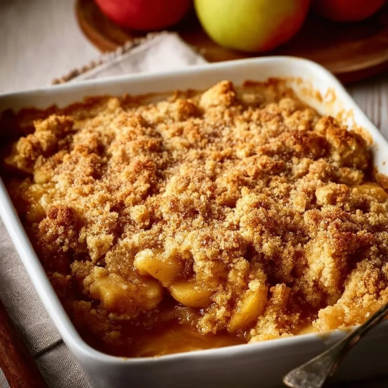 Delicious baked apple crumble dessert with golden topping and cinnamon aroma.