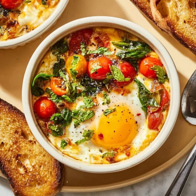 Baked feta eggs with tomatoes and spinach served on a white plate