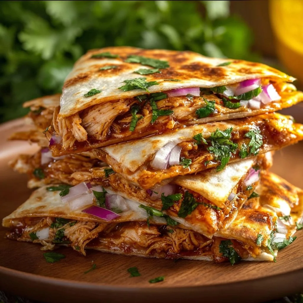 Plate of BBQ Chicken Quesadillas with melted cheese and fresh ingredients