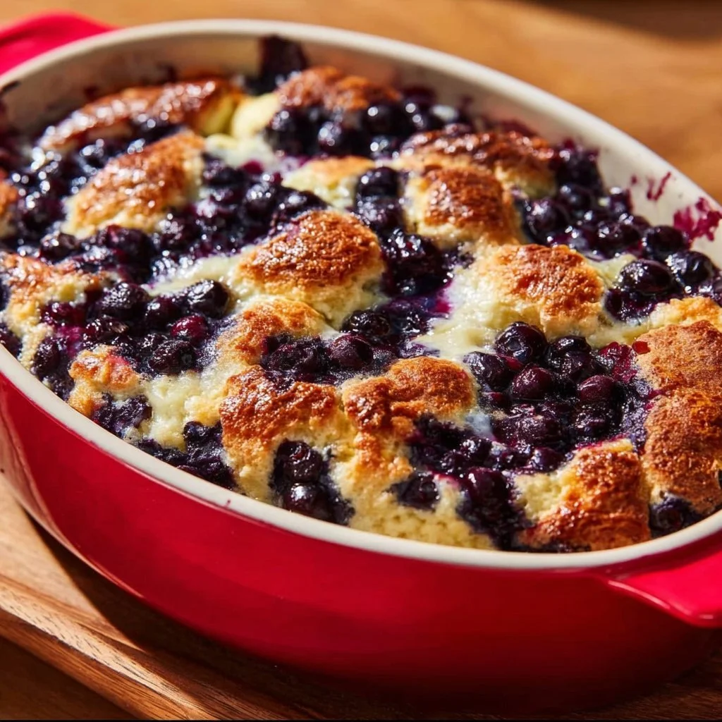Delicious blueberry cottage cheese breakfast bake served in a bowl.