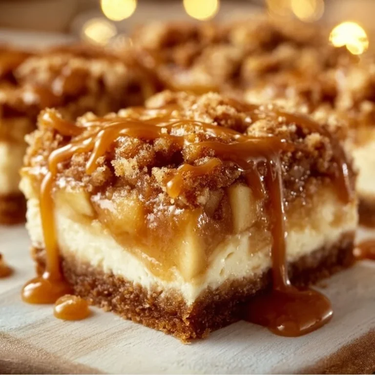Savory Caramel Apple Cheesecake Bars with a creamy filling and caramel drizzle