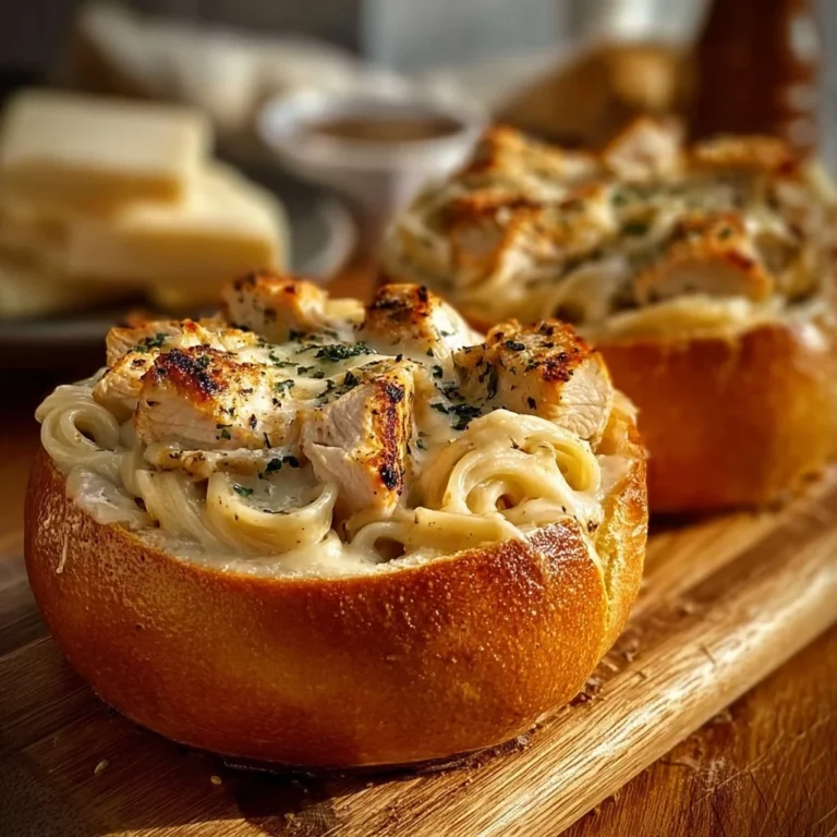 Chicken Alfredo served in garlic bread bowls, a delicious twist on a classic dish.