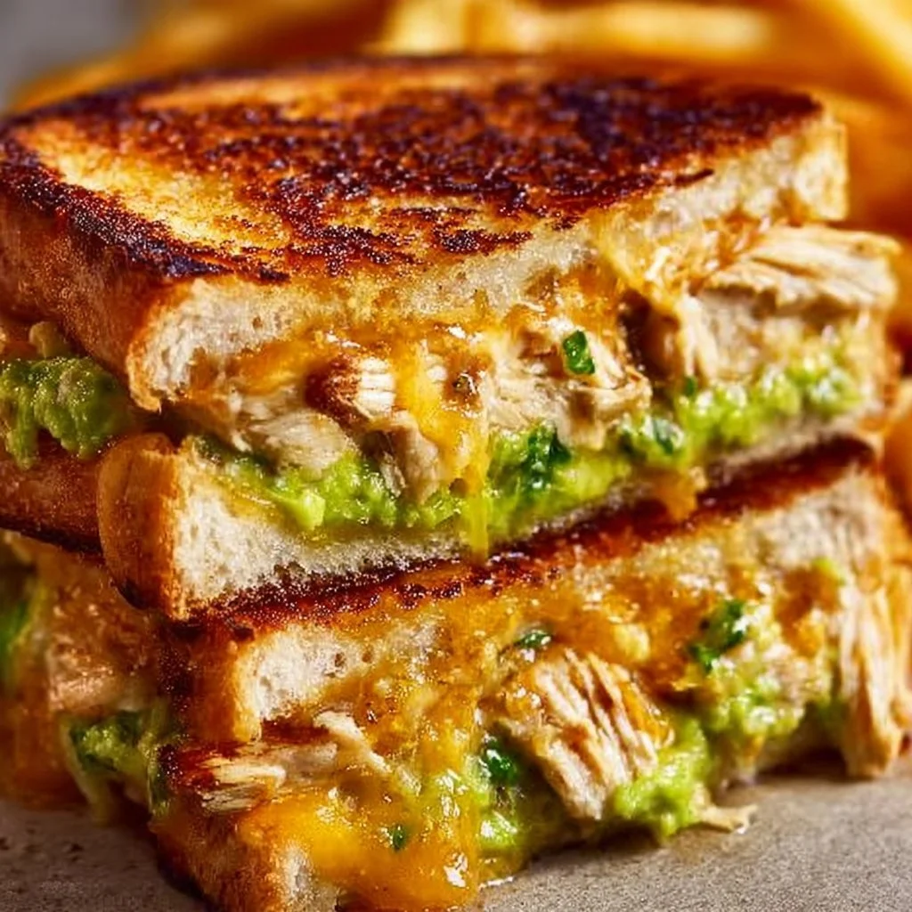Delicious Chicken Avocado Melt Sandwich with chicken and avocado on toasted bread