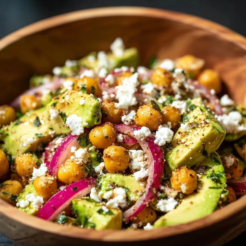 Delicious chickpea feta avocado salad in a bowl