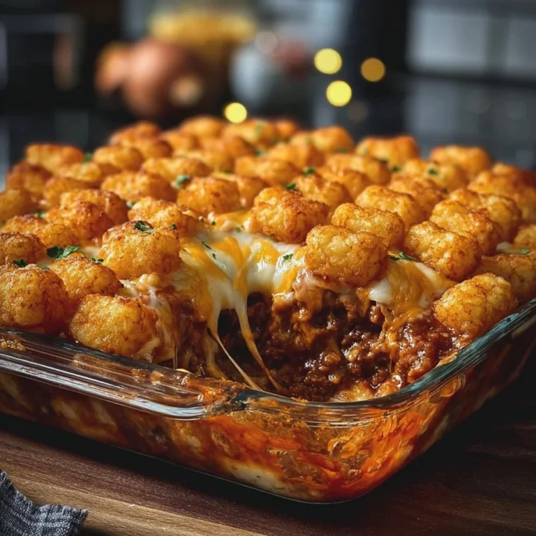 Hot chili cheese tater tot casserole topped with melted cheese and spices.