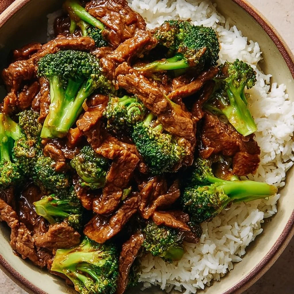 A plate of Chinese beef and broccoli served with rice.