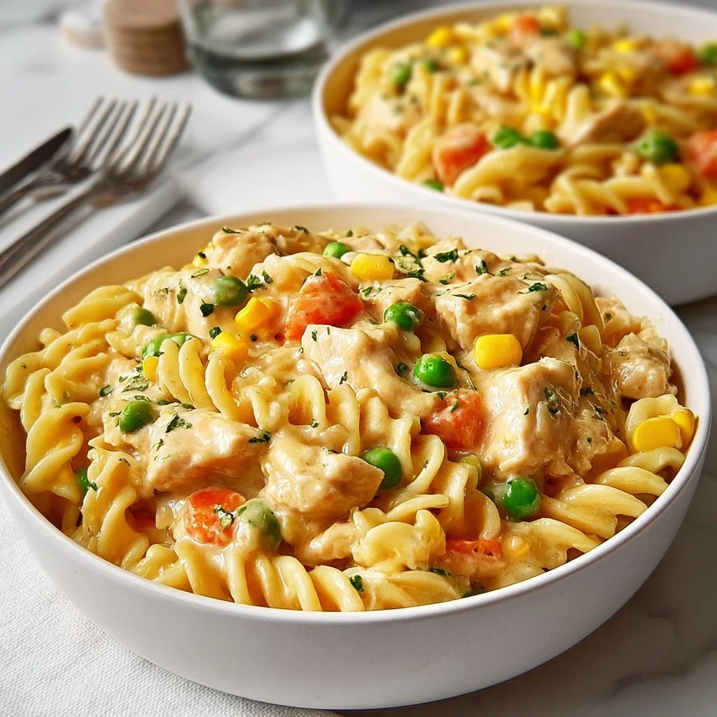 Delicious bowl of Classic Chicken Pot Pie Pasta topped with herbs.