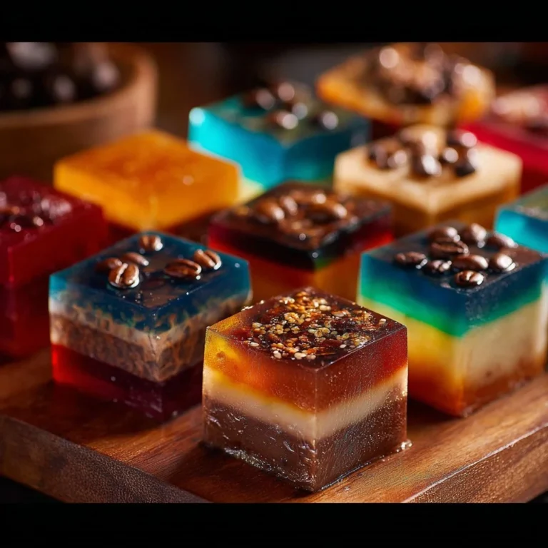 Delicious Coffee Jello Shots served in shot glasses, garnished with coffee beans.
