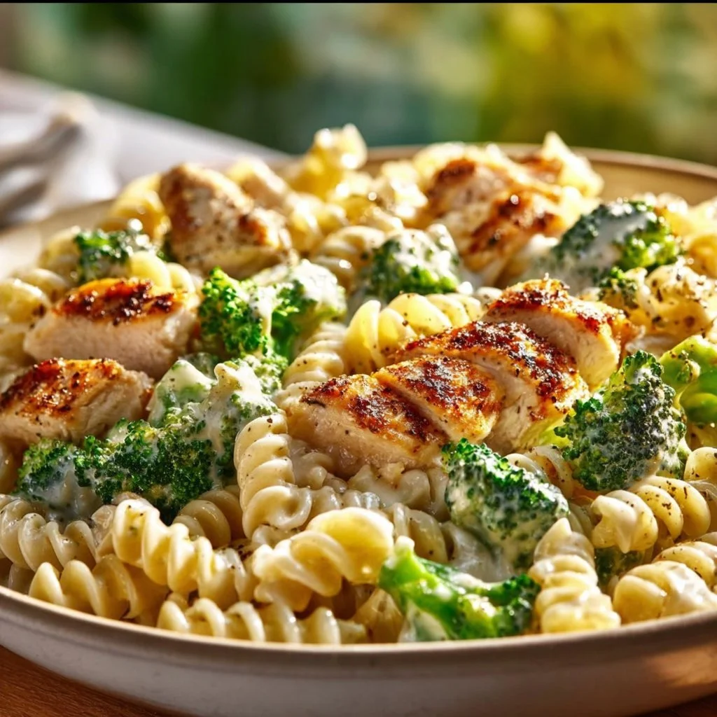 Creamy rotisserie chicken pasta topped with broccoli and served in a bowl