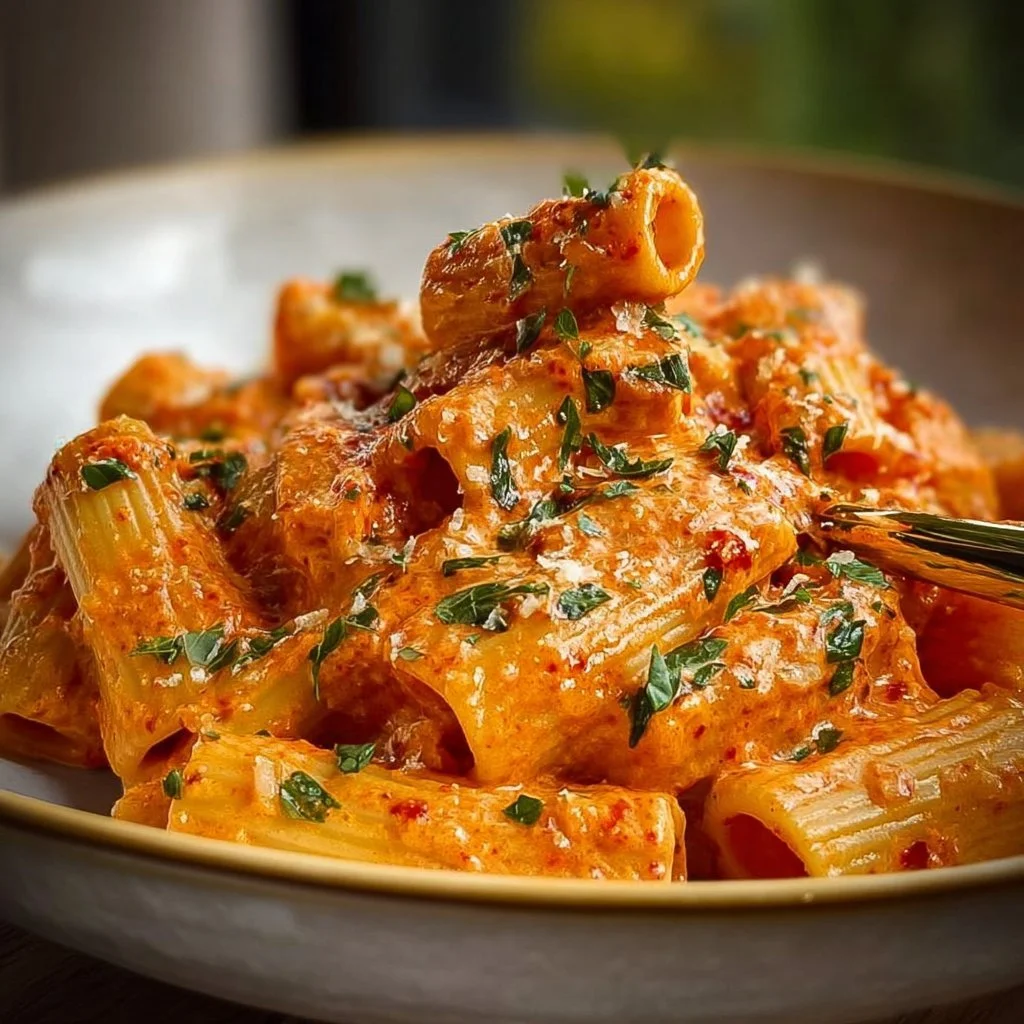 Creamy tomato garlic pasta served in a bowl with fresh herbs