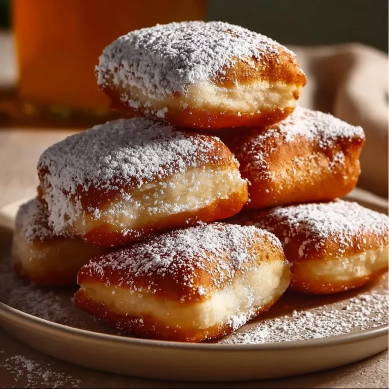 Plate of fluffy homemade vanilla beignets dusted with powdered sugar