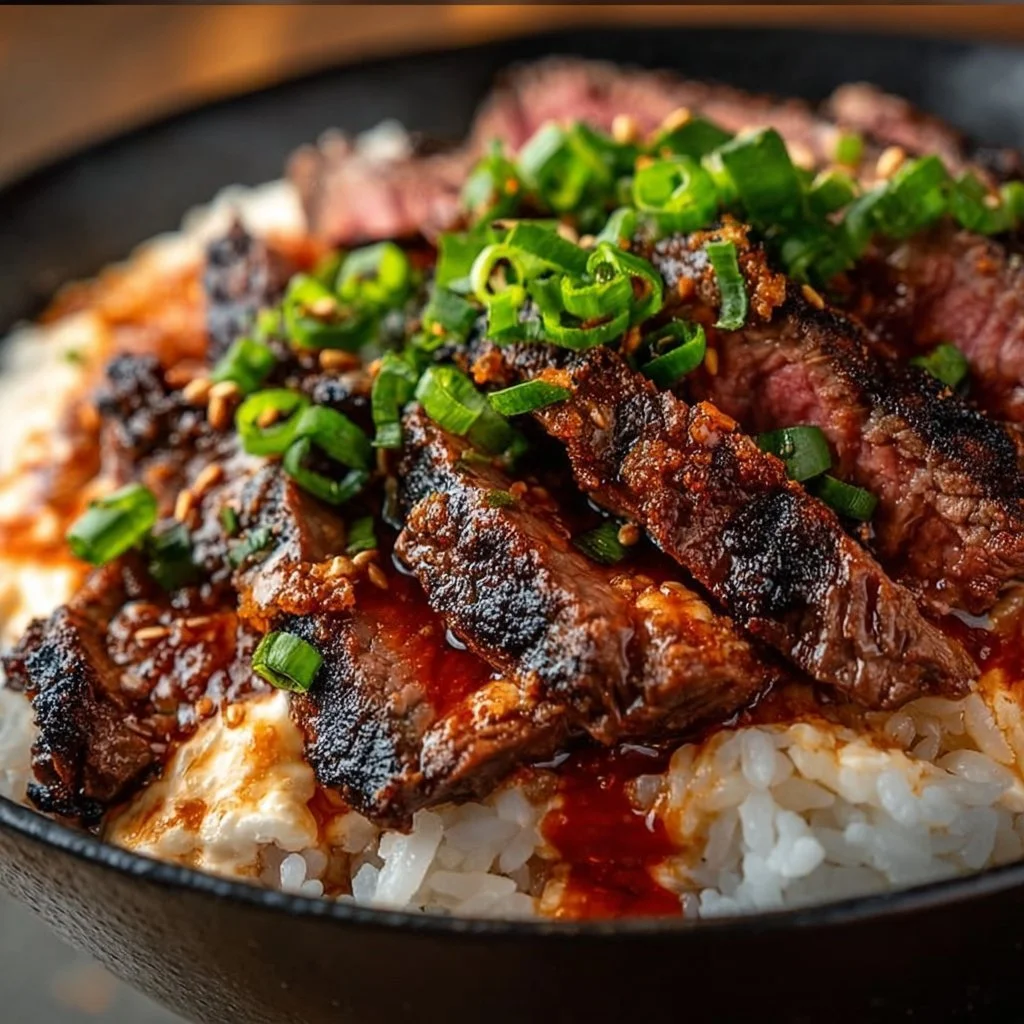 Delicious Korean BBQ steak rice bowl topped with fresh vegetables and sauce.