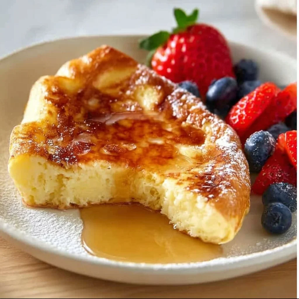 Fluffy German pancakes served with fruit and syrup on a breakfast table