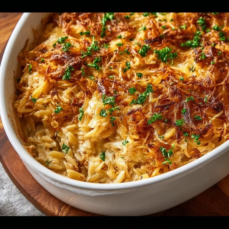 French onion chicken orzo casserole fresh out of the oven, garnished and ready to serve.