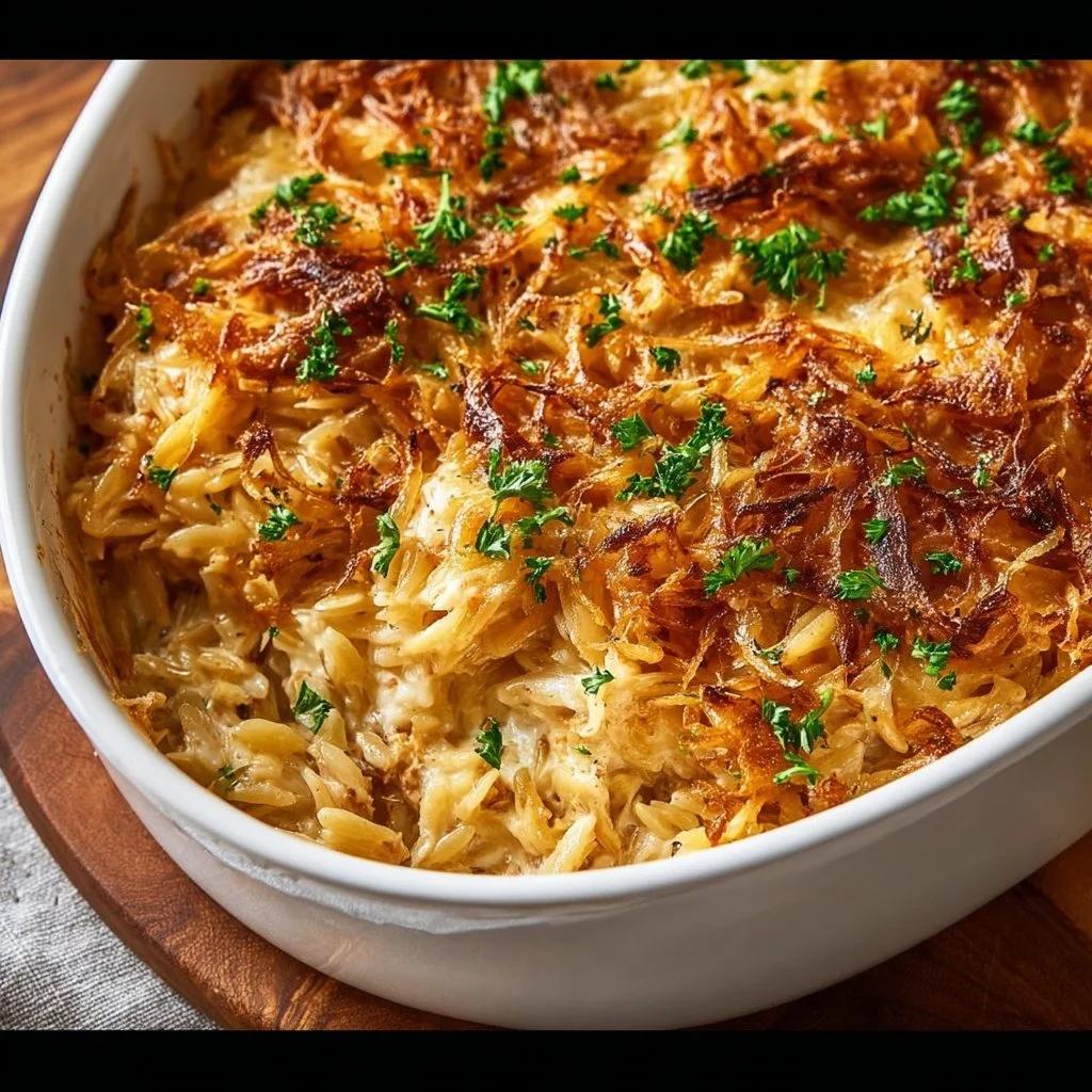 French onion chicken orzo casserole fresh out of the oven, garnished and ready to serve.