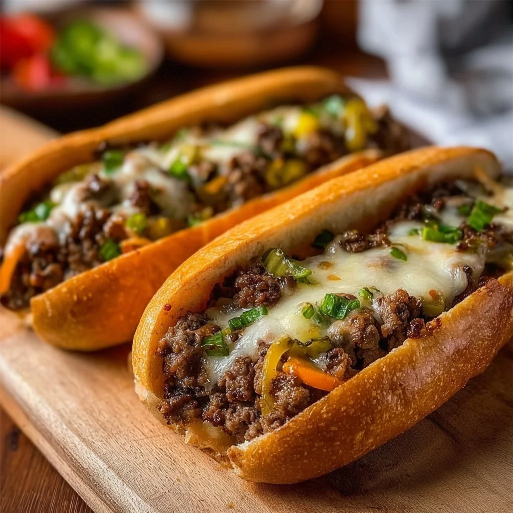 Delicious Ground Beef Philly Cheesesteaks ready to be served with toppings.