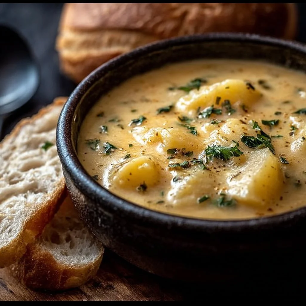 A bowl of hearty cheddar garlic herb potato soup garnished with herbs.
