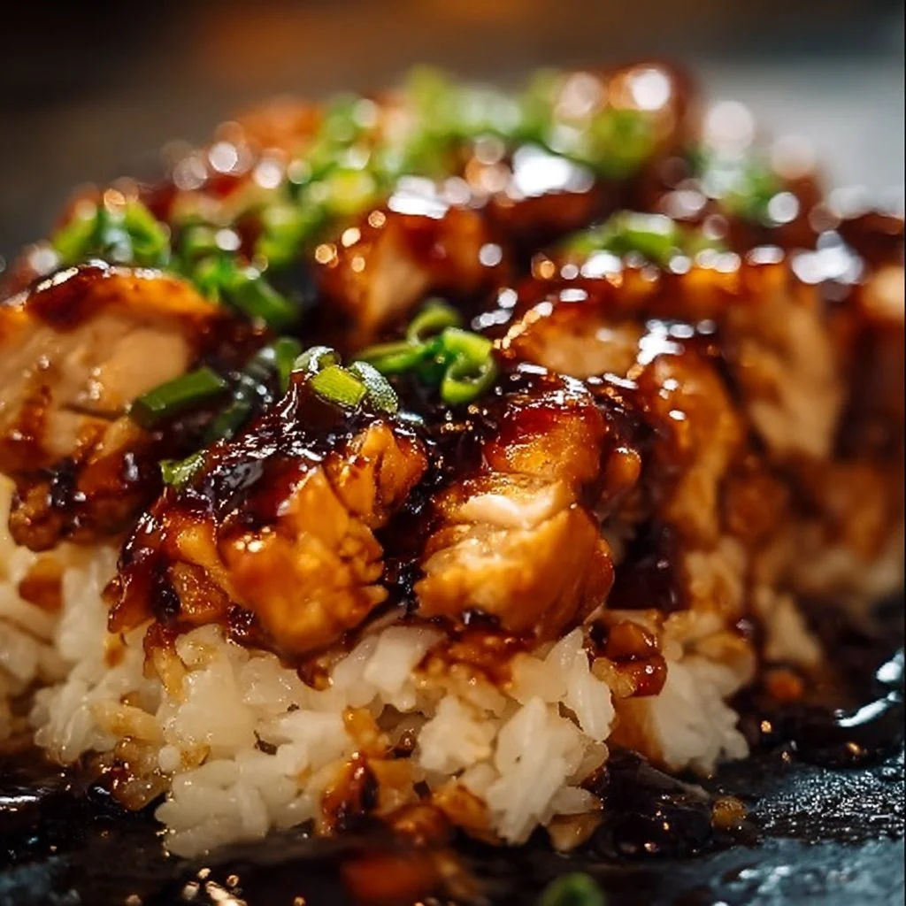 Honey BBQ Chicken served over rice with vibrant garnishes