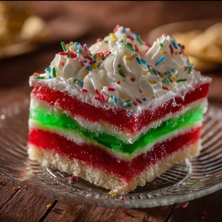 Delicious Jello Poke Cake with vibrant layers and colorful toppings