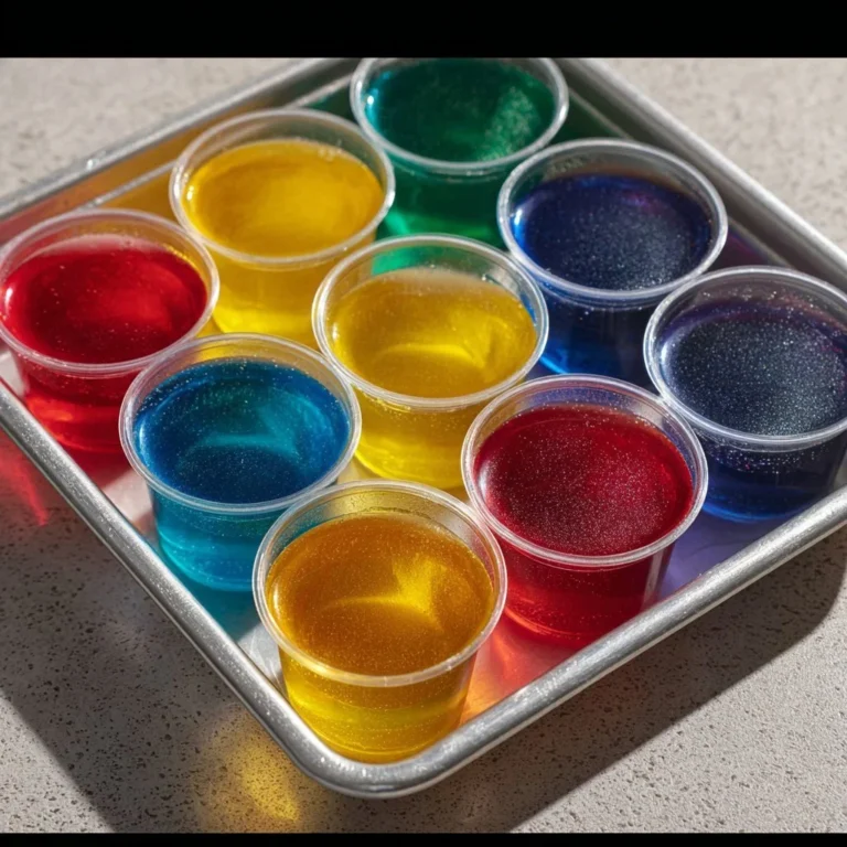 Colorful Jello Shots in clear cups ready for a party celebration.