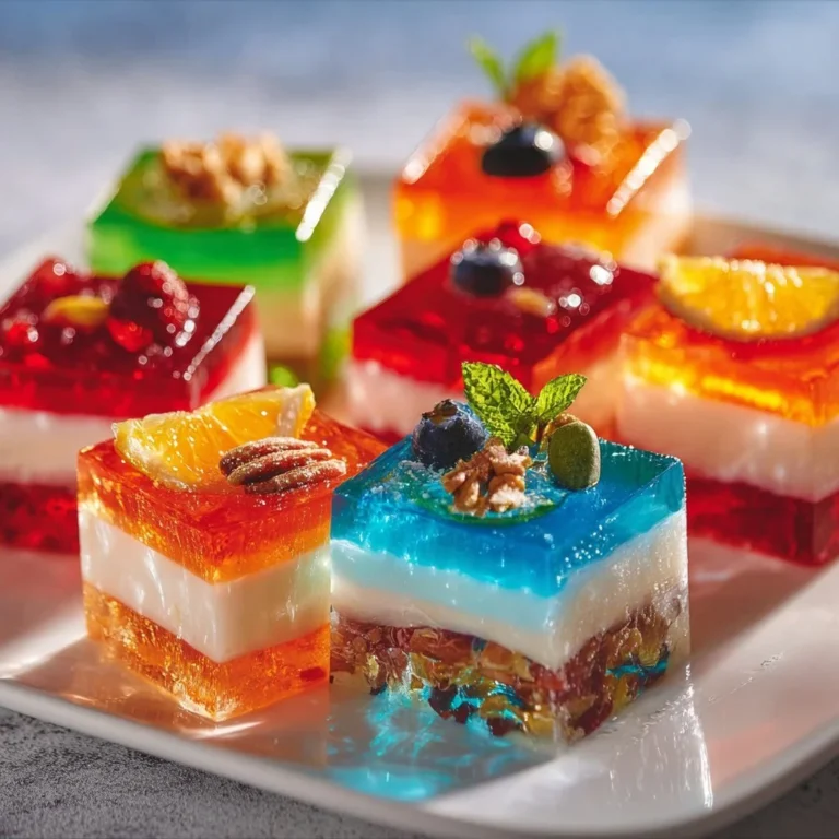Colorful Jello Shots served at a party with cake and salad in the background.