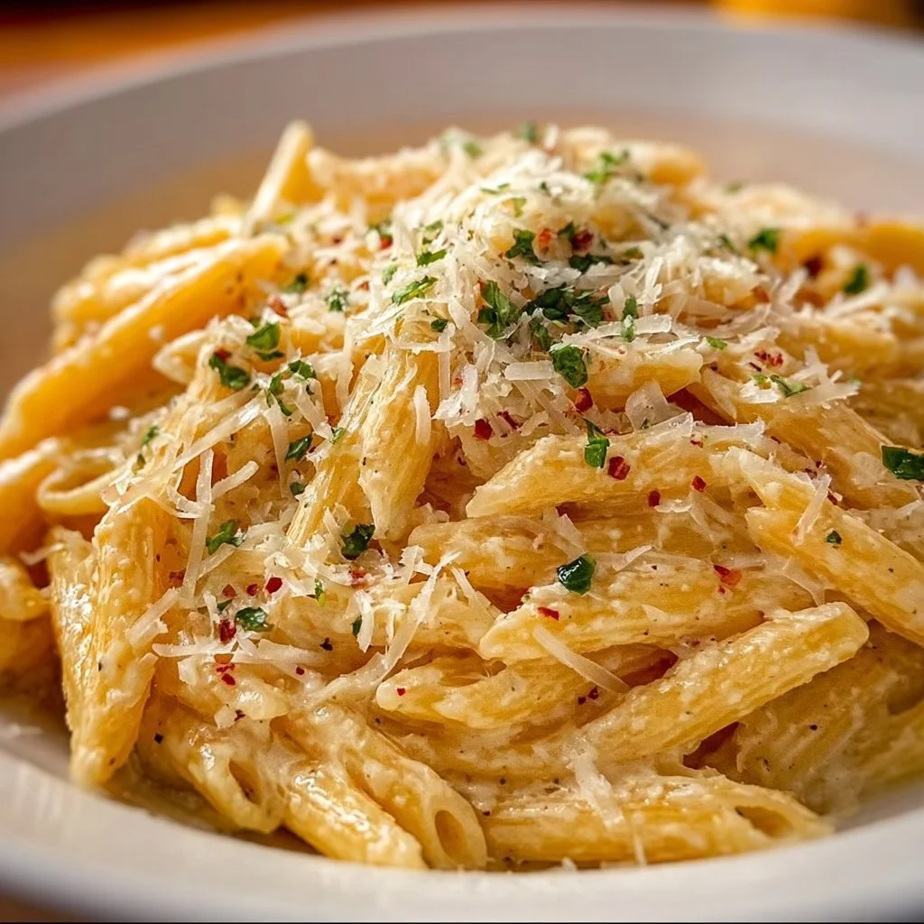 A bowl of creamy garlic pasta topped with parsley and Parmesan cheese.