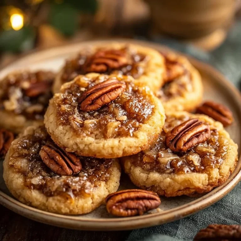 Delicious pecan pie cookies on a plate, showcasing their rich, nutty texture.