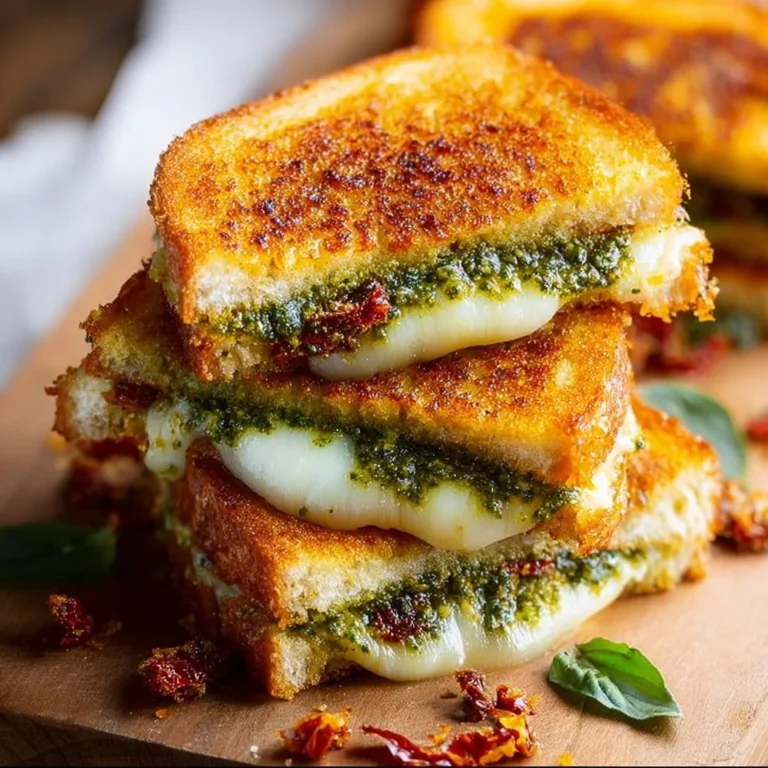 Melted pesto grilled cheese sandwich on a plate with fresh herbs