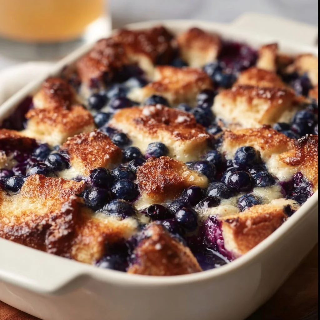 Quick Blueberry French Toast Casserole baked with fresh blueberries and topped with syrup