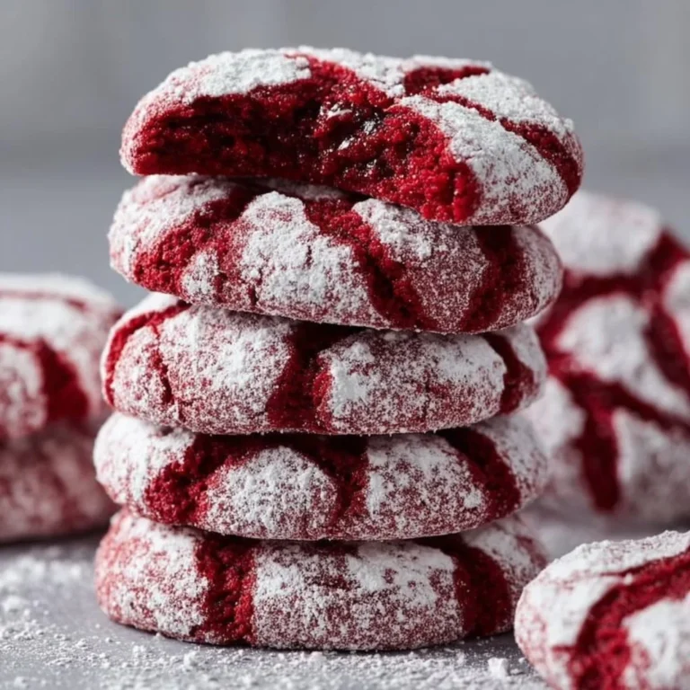 Freshly baked red velvet crinkle cookies on a cooling rack.