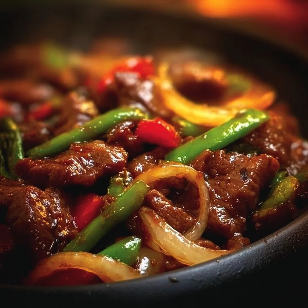 Sizzling Chinese pepper steak with onions served on a plate.