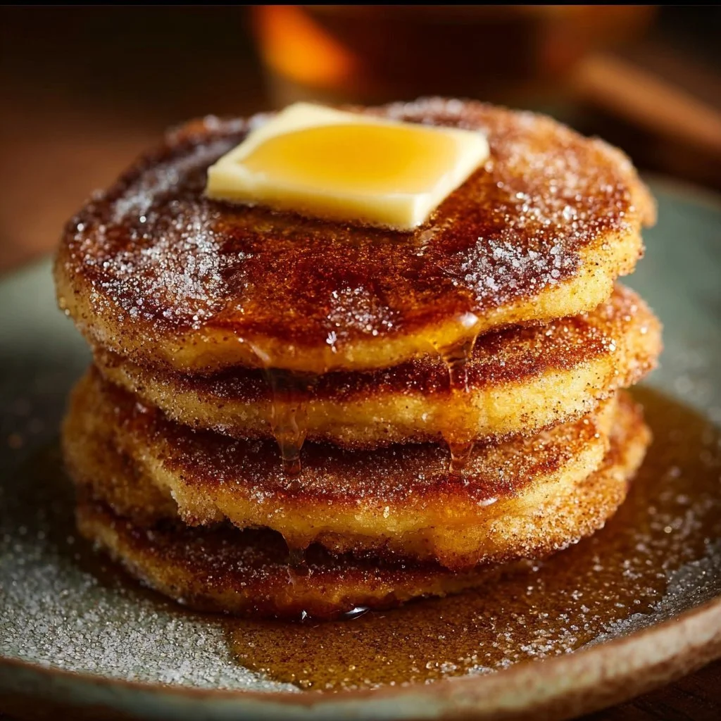 Delicious churro pancakes dusted with cinnamon sugar