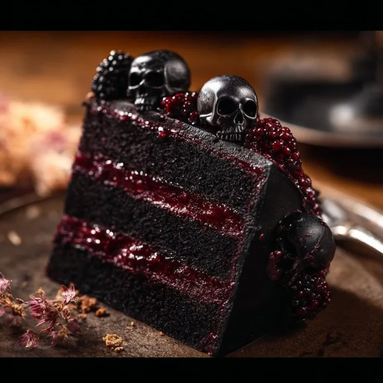 Spooky Black Velvet Halloween Cake decorated with eerie designs and a dark topping